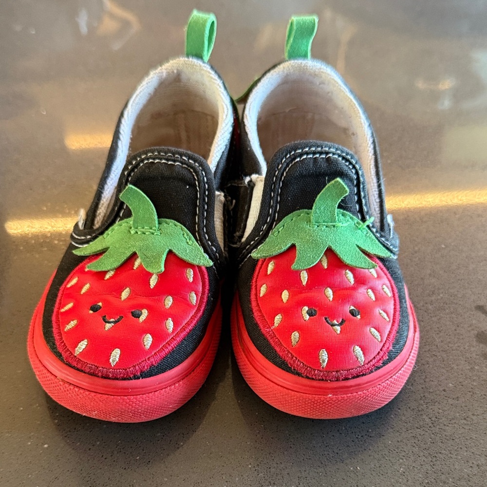Vans Kids Black and Red Strawberry Slip-Ons Size 7 toddler